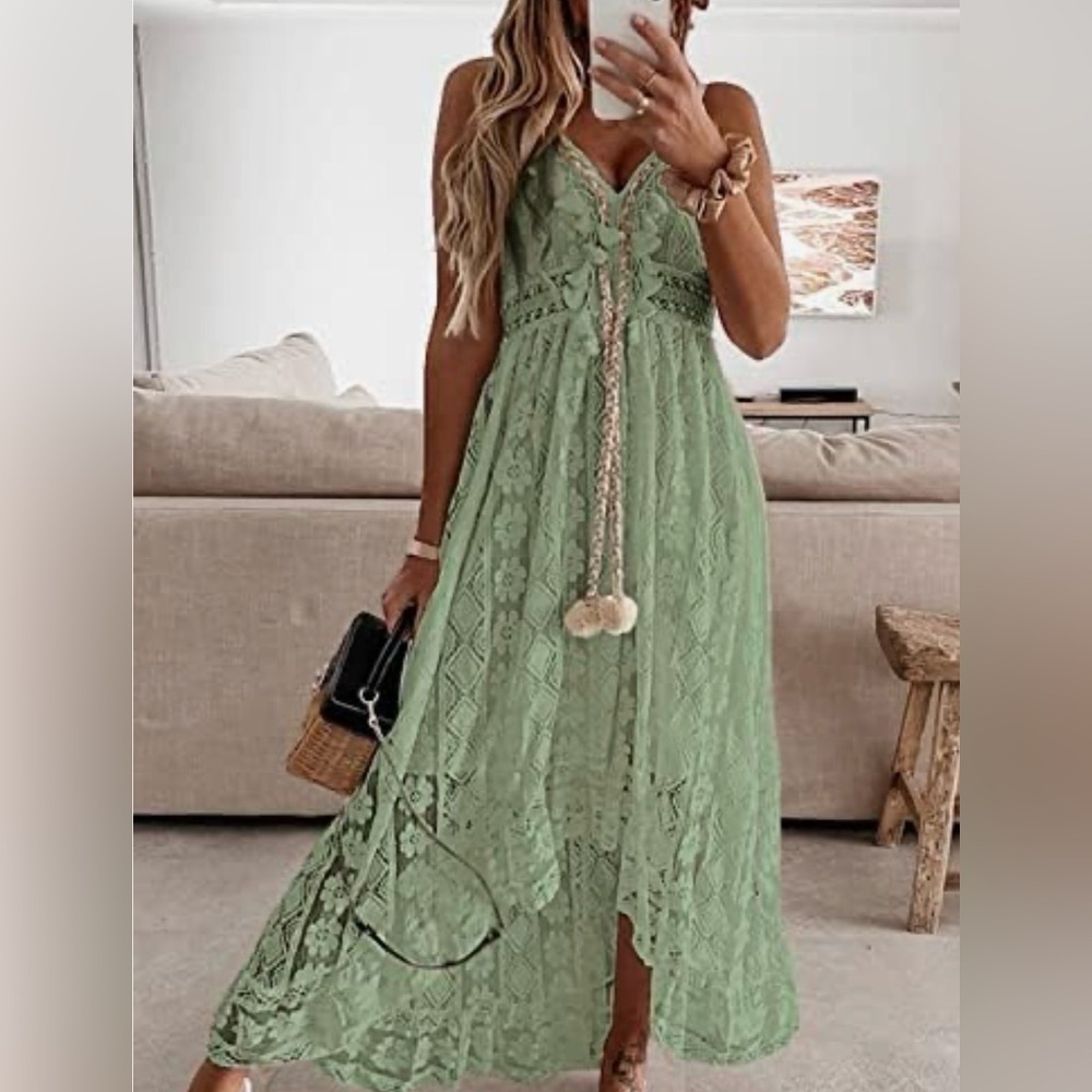 Cupshe Women's Boho V Neck Lace Up Tassel Ruffle Maxi Dress Beach Swing Dress